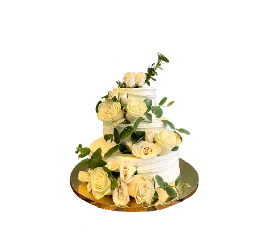 Tort  alb  de nunta cu trandafiri naturali